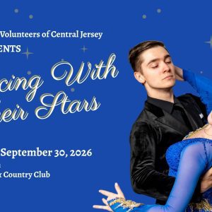 Blue Banner with a couple dancing at right, text on left says "Caregiver Volunteers of Central Jersey Presents DANCING WITH THEIR STARS Wednesday, September 30, 2026 6:00pm - 10:00pm Eagle Oaks Golf & Country Club Farmingdale NJ"